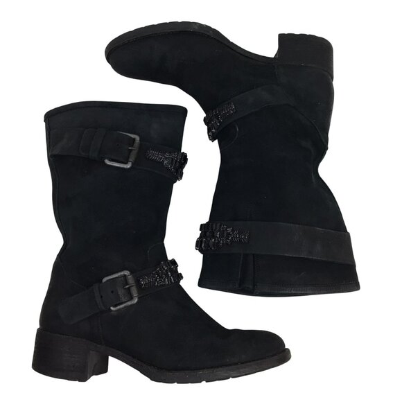 Vera Wang Lavender Uma Embellished Combat Moto Leather Mid-Calf Boots Womens 9.5 - Picture 3 of 14